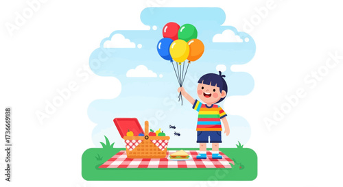 Happy child enjoying a picnic with colorful balloons in a sunny day with beautiful weather