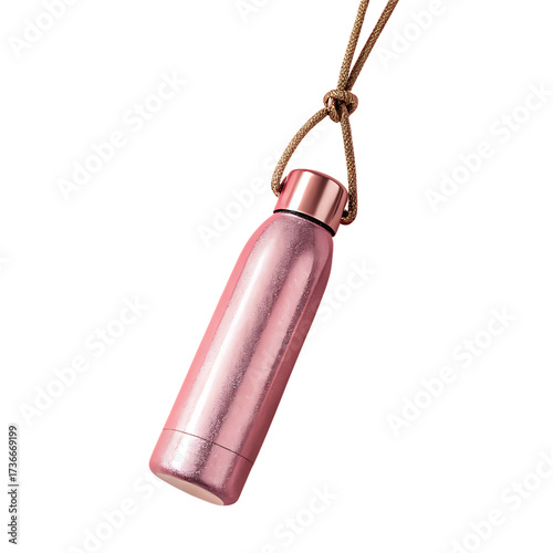 A metallic rose gold water bottle with a leather strap isolated on transparent background