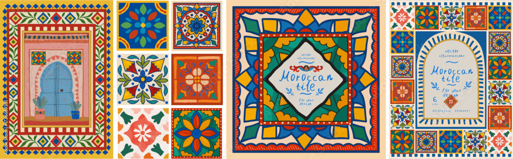 Moroccan tile. ornament and pattern. Vector illustration of mosaic, floral border and frame, oriental door or gate, ceramic for poster, boho print, invitation, textile, fabric or background