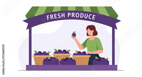 Fresh Produce Stand Illustration Featuring Vendor and Plums from the Organic Farm