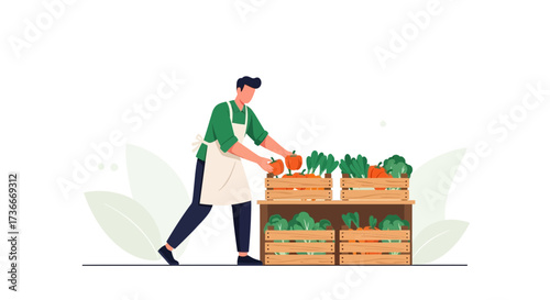 Fresh Produce Seller Organizing and Displaying Vegetables in Wooden Crates on a Market day