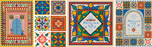Moroccan tile. ornament and pattern. Vector illustration of mosaic, floral border and frame, oriental door or gate, ceramic for poster, boho print, invitation, textile, fabric or background