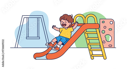 Happy child joyfully slides down a playground slide with a swing set illustration