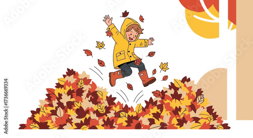 Happy child jumping in a pile of autumn leaves filled with joyfull fall vibes