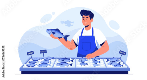 Fresh Seafood Vendor Showcasing Fish Selection at The Market Display in Illustration