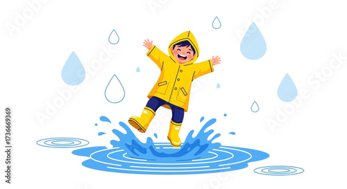 Happy child jumping in a puddle during a rainy day with a yellow raincoat and boots