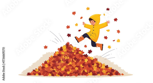 Happy child jumping in a pile of autumn leaves vector graphic illustration