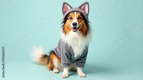 Shelly in a costume with ears on a gray background