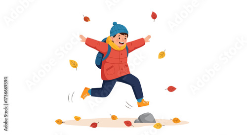 Happy child jumping in autumn leaves with a backpack enjoying the season with joy