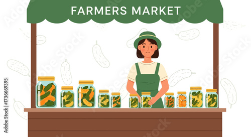 Freshly Pickled Vegetables Displayed By Smiling Vendor At The Farmers Market
