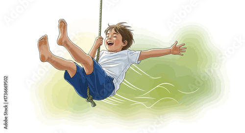 Happy Child on a Swing Enjoying a Moment of Joy and Freedom Outdoors, Vector Illustration