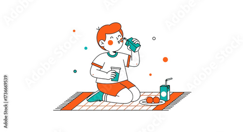 Happy Child Sipping Juice Box on Mat during Picnic Under Summer Colors Illustration