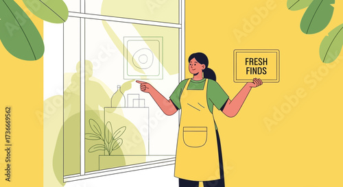 Friendly Shopkeeper Announces Fresh Finds Within Modern And Stylish Interior