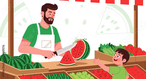 Friendly Vendor Slicing Watermelon, Offering Refreshment to Delighted Young Customer
