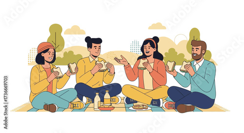 Friends Enjoying a Relaxing Picnic Outdoors with Sandwiches Freshly Made and Snacks