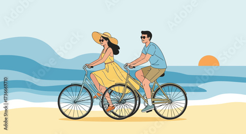 Happy couple cycling on a beach at sunset, romantic summer vacation vector illustration