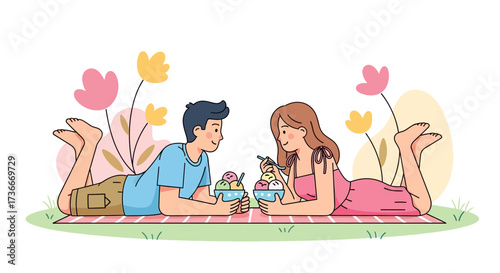 Happy couple enjoy ice cream outdoors on a pleasant day a beautiful illustration