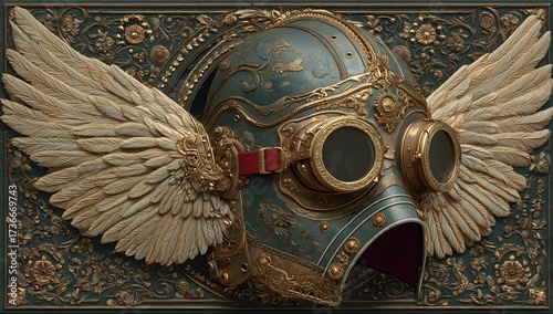 Steampunk Gas Mask Helmet with Mechanical Wings and Gears. Generative AI