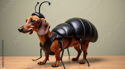 Dachshund in a cockroach costume gray background