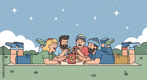 Friends Enjoying Evening Snacks Together On A Cheerful Summer Picnic