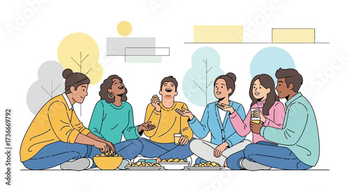 Friends Enjoying Food And Drink While Laughing Outdoors Together In Sunny Weather