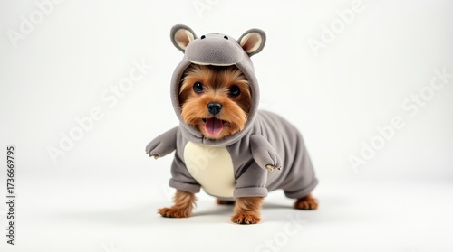 A dog in a hippo costume with a white background