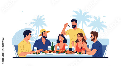 Friends Enjoying Seaside Meal, Relaxing Vacation Moments, Tropical Dining Together