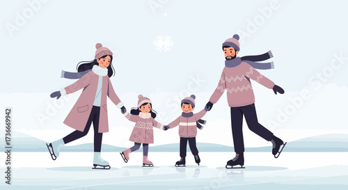 Happy family ice skating on a winter day together enjoying their holidays