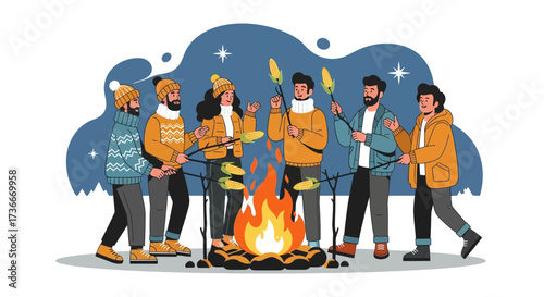 Friends Gather Around Campfire Roasting Corn Under Starry Night Sky