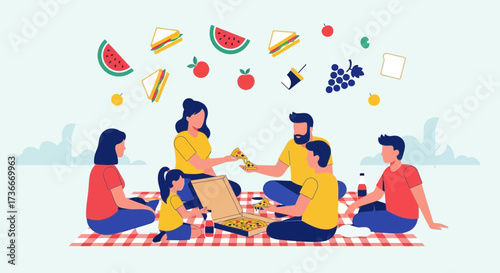 Happy Family Picnic Enjoying Mealtime Outdoors With Pizza Sandwiches Fruits and Drink