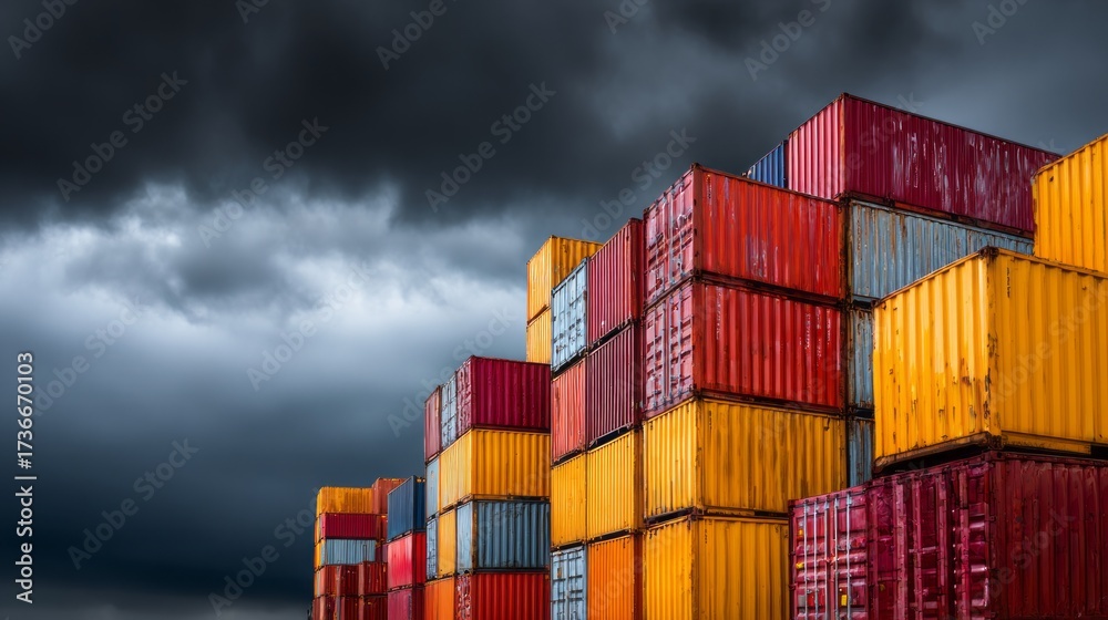 Fototapeta premium Colorful cargo containers stacked at a shipping yard under darkening skies