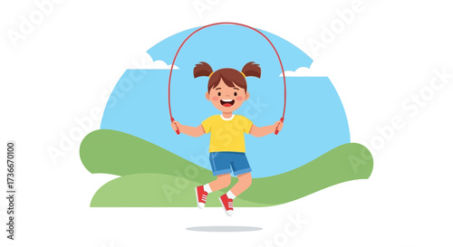 Happy girl cartoon character skipping rope in the park for fun and activity