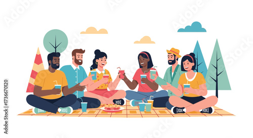 Friends Gathering Together For A Relaxing Picnic Outdoor Leisure Activity