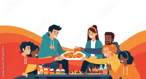 Friends Gathering Together Sharing Food, Enjoying Delicious Pizza During Get-Together Moments