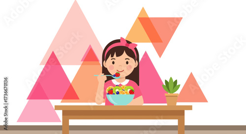 Happy girl eating fruits with geometric shapes background and plant pot on the table