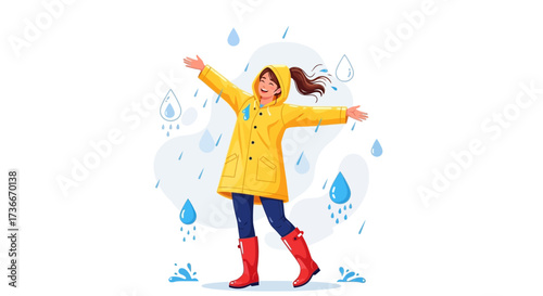 Happy girl enjoying a rainy day wearing a yellow raincoat and red boots