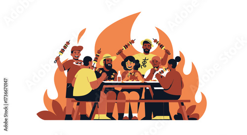 Friends Get Together For A Lively Cookout Party With Skewers Near Cozy Flames