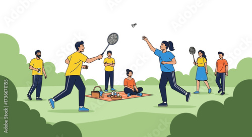 Friends Playing Badminton and Enjoying Outdoor Recreation on a Sunny Day Together