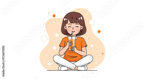 Happy Girl Enjoying Refreshing Drink While Relaxing and Sitting Peacefully