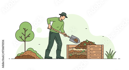 Gardener Composting Organic Matter Into Wooden Bin In A Simple Flat Illustration