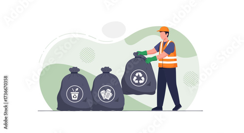 Garbage Collector Preparing Recyclable Trash Bags for Environmental Sustainability Efforts