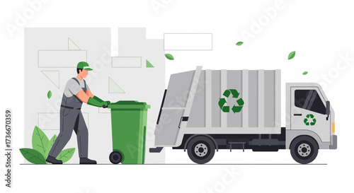 Garbage Collection Worker Pushing Trash Can Towards The Recycling Truck For Responsible Disposal