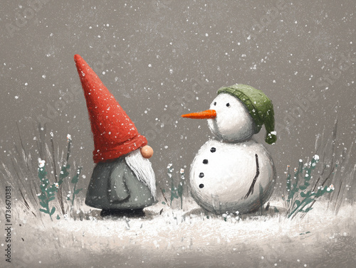 A charming winter illustration of a gnome and a snowman standing together in falling snow.