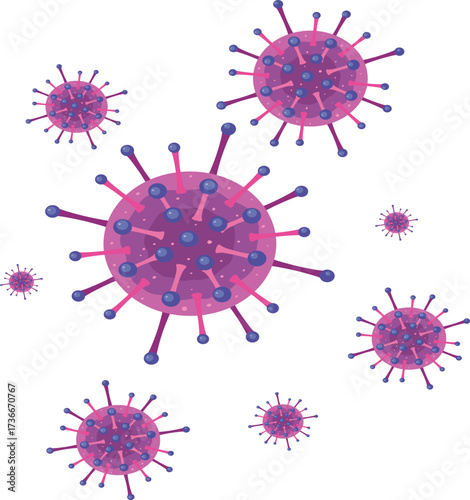 3D render of spiky pink and purple viruses floating in space.