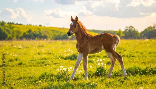 A young foal strolls across a vibrant green meadow bathed in golden sunlight.
