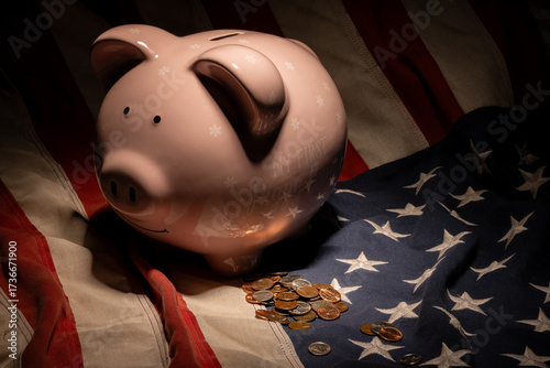 Piggy Bank Resting on U.S. Flag with Coins – Economy Metaphor