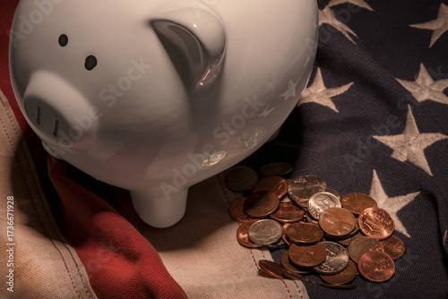 Close-Up Piggy Bank with Coins on Flag – Fragile Finance