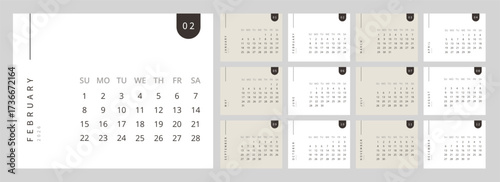 Minimalist Calendar 2026 set of template monthly horizontal pages. Clean and simple planner starting with Sunday.