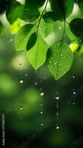 Fresh green leaves are glistening with crystal clear water droplets, slowly dripping down after a light rain shower in nature.