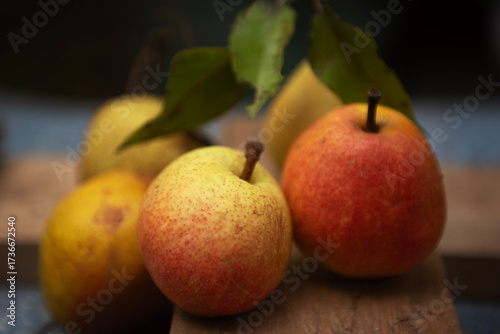 Natural background with ripe pears close-up, selective focus